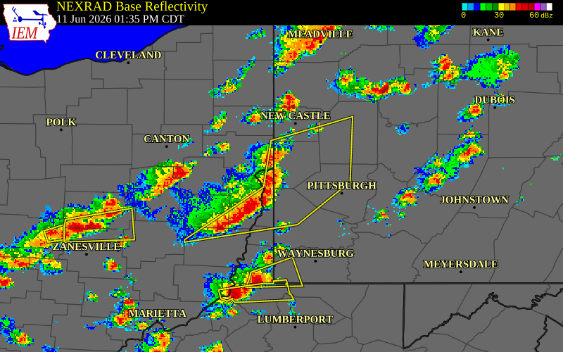 NEXRAD radar during the Thursday, June 11, 2026 storm activity in Beaver County, Pennsylvania