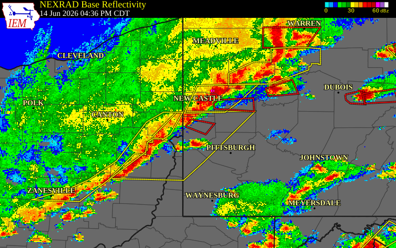 NEXRAD radar during the Sunday, June 14, 2026 storm activity in Beaver County, Pennsylvania
