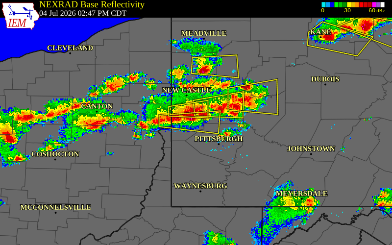 NEXRAD radar during the Saturday, July 4, 2026 storm activity in Beaver County, Pennsylvania