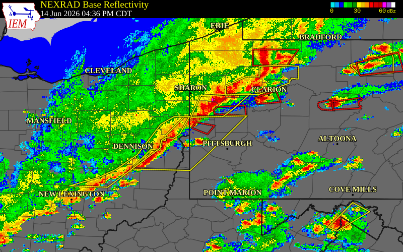 Radar snapshot during the Jun 14, 2026 tornado event near 1 SW West Mayfield, Beaver County, Pennsylvania, with NWS warning polygons