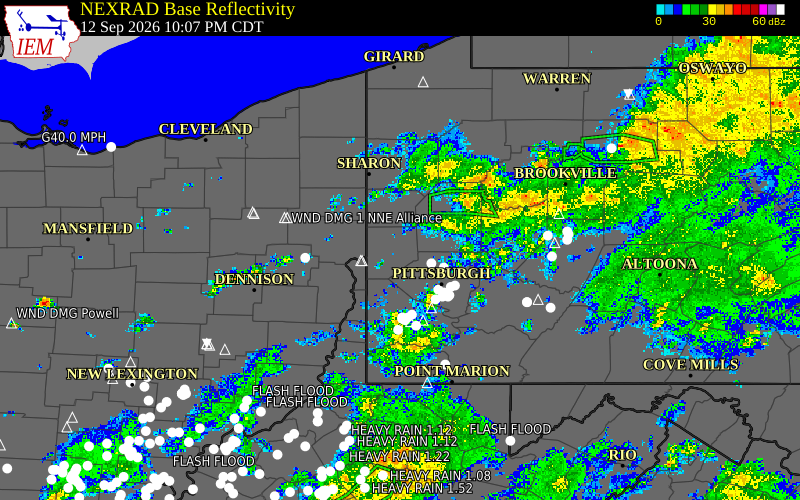 Current NEXRAD radar over Beaver County, Pennsylvania with recent storm report locations