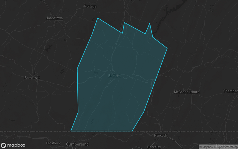 Map of Bedford County, Pennsylvania showing the county boundary and surrounding cities