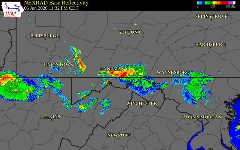 NEXRAD radar during the Sunday, June 7, 2026 storm activity in Bedford County, Pennsylvania