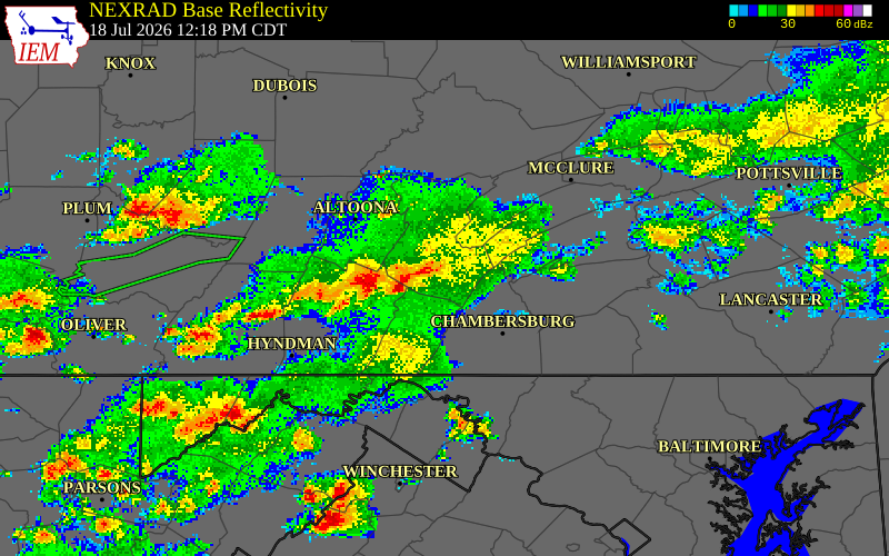 NEXRAD radar during the Saturday, July 18, 2026 storm activity in Bedford County, Pennsylvania