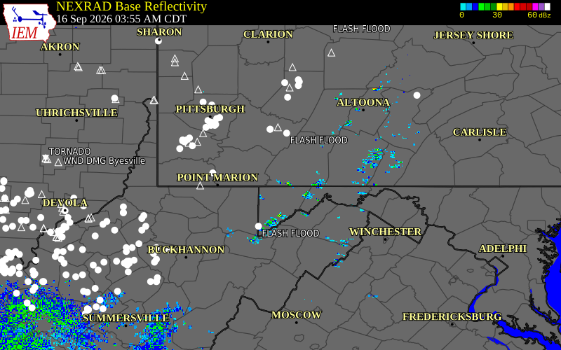 Current NEXRAD radar over Bedford County, Pennsylvania with recent storm report locations