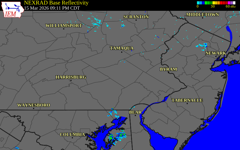 NEXRAD radar during the Sunday, March 15, 2026 storm activity in Berks County, Pennsylvania