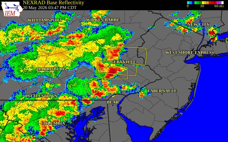 NEXRAD radar during the Wednesday, May 20, 2026 storm activity in Berks County, Pennsylvania
