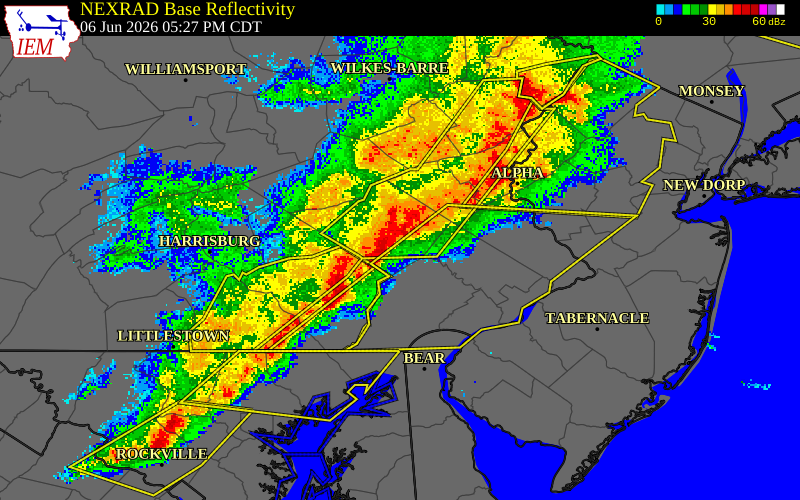 NEXRAD radar during the Saturday, June 6, 2026 storm activity in Berks County, Pennsylvania