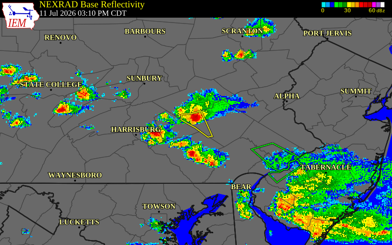 NEXRAD radar during the Saturday, July 11, 2026 storm activity in Berks County, Pennsylvania