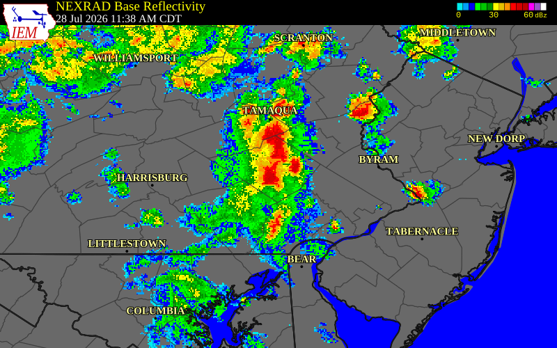 NEXRAD radar during the Tuesday, July 28, 2026 storm activity in Berks County, Pennsylvania