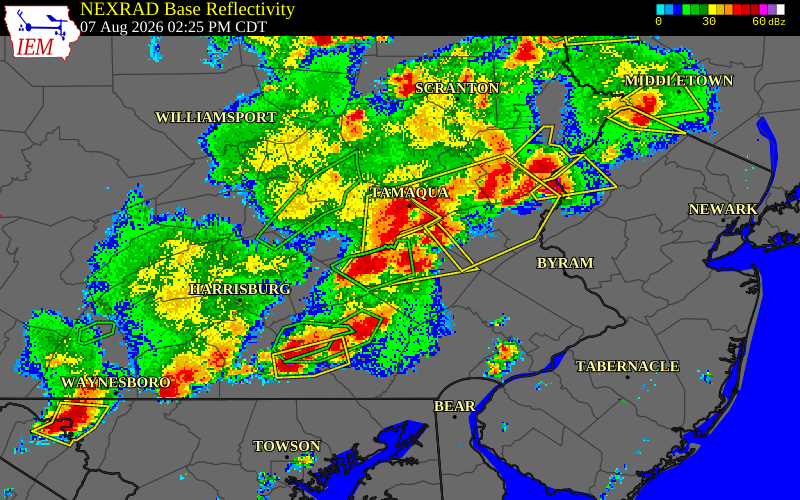 NEXRAD radar during the Friday, August 7, 2026 storm activity in Berks County, Pennsylvania