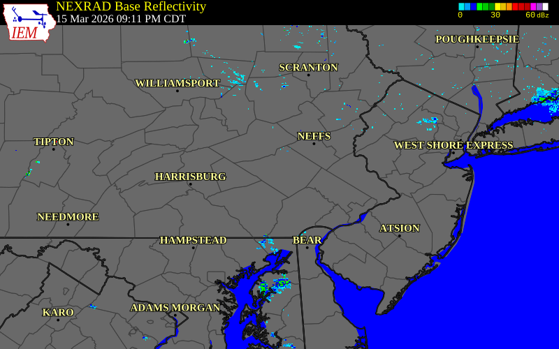 Radar snapshot during the Mar 15, 2026 wind event near Reading Regional Airpor, Berks County, Pennsylvania, with NWS warning polygons