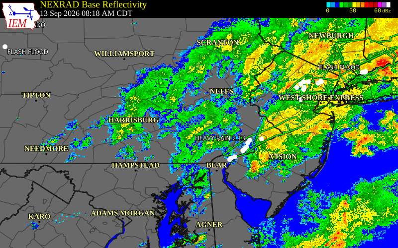 Current NEXRAD radar over Berks County, Pennsylvania with recent storm report locations