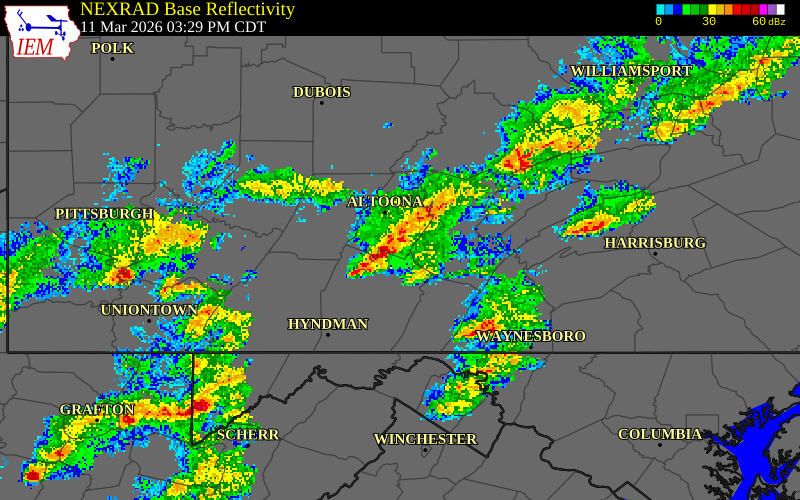 NEXRAD radar during the Wednesday, March 11, 2026 storm activity in Blair County, Pennsylvania