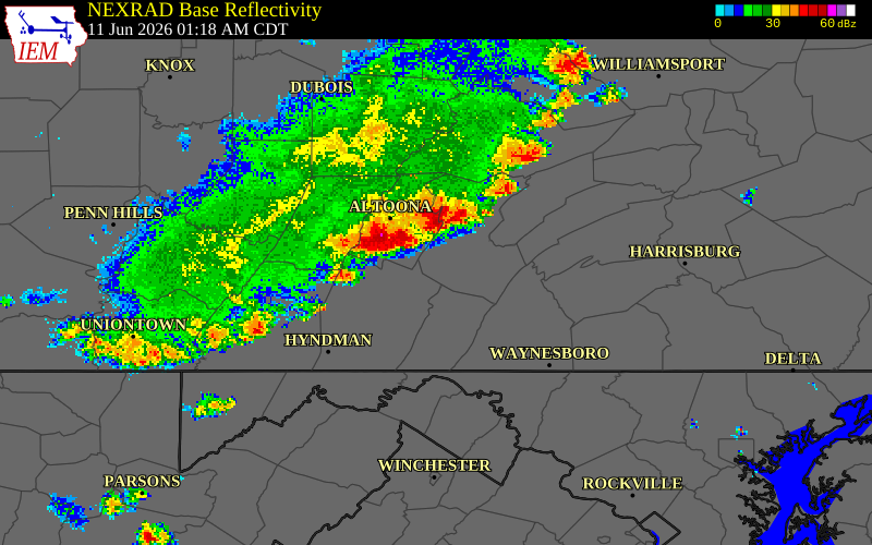 NEXRAD radar during the Thursday, June 11, 2026 storm activity in Blair County, Pennsylvania