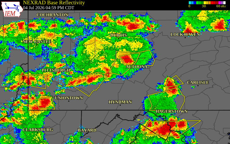 NEXRAD radar during the Saturday, July 4, 2026 storm activity in Blair County, Pennsylvania
