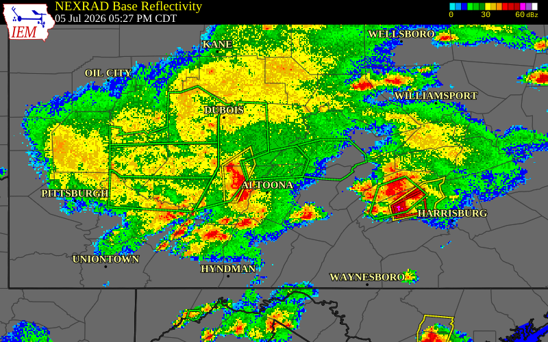 NEXRAD radar during the Sunday, July 5, 2026 storm activity in Blair County, Pennsylvania