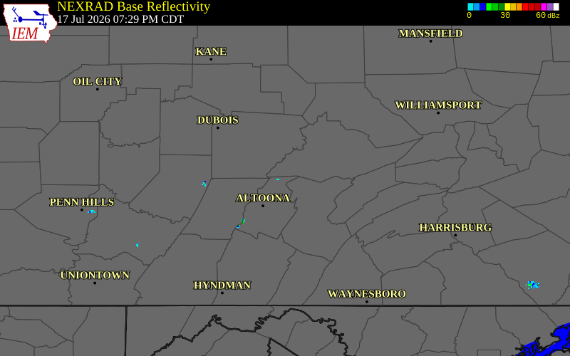 NEXRAD radar during the Friday, July 17, 2026 storm activity in Blair County, Pennsylvania