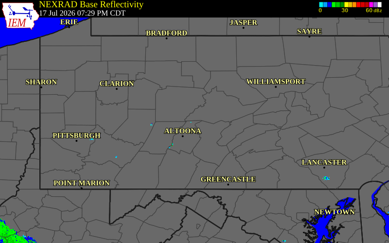 Radar snapshot during the Jul 17, 2026 tornado event near 3 W Bald Eagle, Blair County, Pennsylvania, with NWS warning polygons