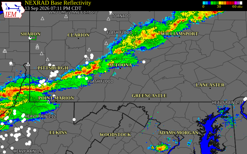 Current NEXRAD radar over Blair County, Pennsylvania with recent storm report locations