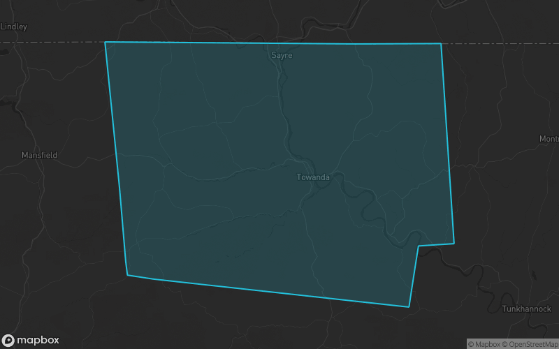Map of Bradford County, Pennsylvania showing the county boundary and surrounding cities