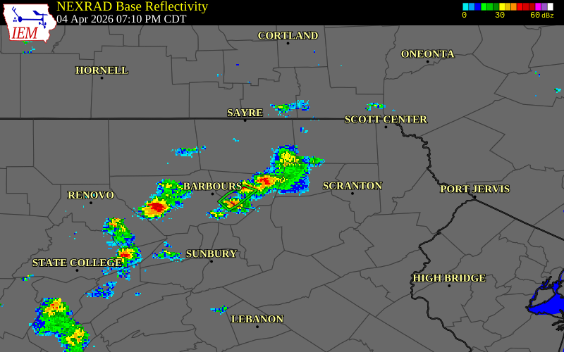 NEXRAD radar during the Saturday, April 4, 2026 storm activity in Bradford County, Pennsylvania