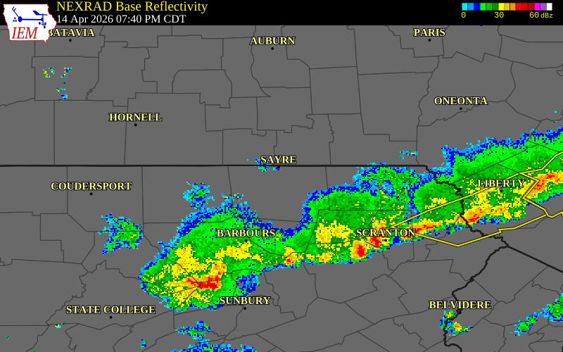 NEXRAD radar during the Tuesday, April 14, 2026 storm activity in Bradford County, Pennsylvania
