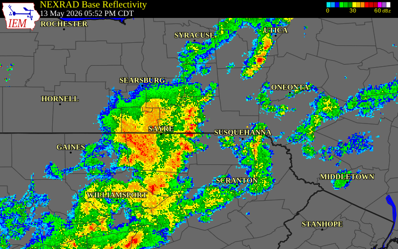 NEXRAD radar during the Wednesday, May 13, 2026 storm activity in Bradford County, Pennsylvania