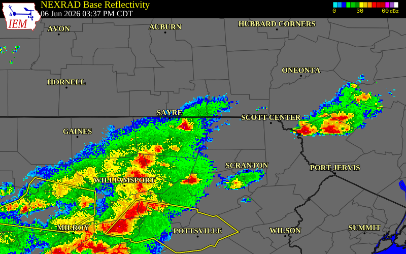 NEXRAD radar during the Saturday, June 6, 2026 storm activity in Bradford County, Pennsylvania