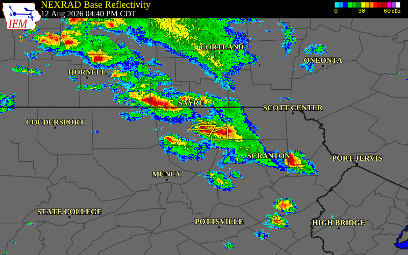 NEXRAD radar during the Wednesday, August 12, 2026 storm activity in Bradford County, Pennsylvania