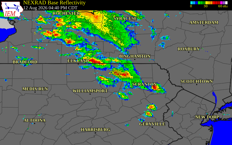 Radar snapshot during the Aug 12, 2026 hail event near 1 N Macedonia, Bradford County, Pennsylvania, with NWS warning polygons