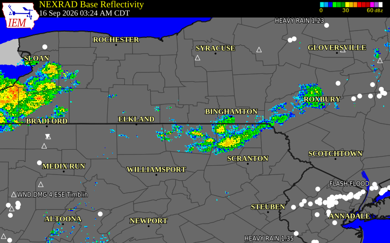 Current NEXRAD radar over Bradford County, Pennsylvania with recent storm report locations