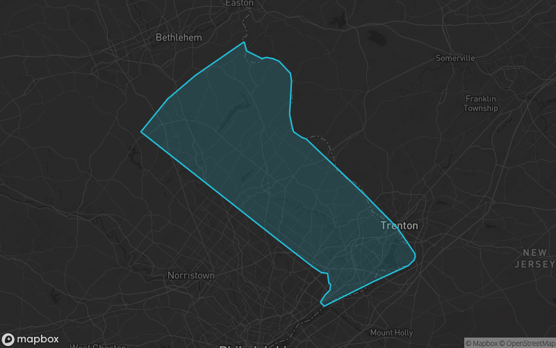 Map of Bucks County, Pennsylvania showing the county boundary and surrounding cities