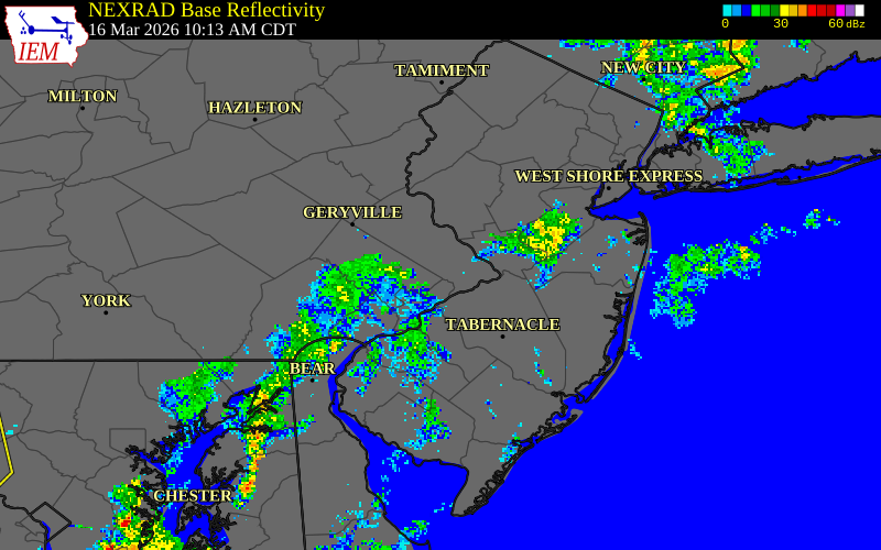 NEXRAD radar during the Monday, March 16, 2026 storm activity in Bucks County, Pennsylvania