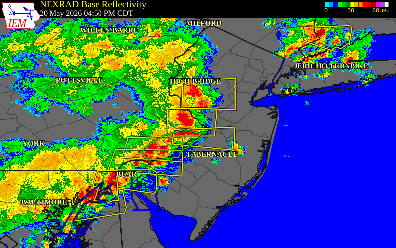 NEXRAD radar during the Wednesday, May 20, 2026 storm activity in Bucks County, Pennsylvania