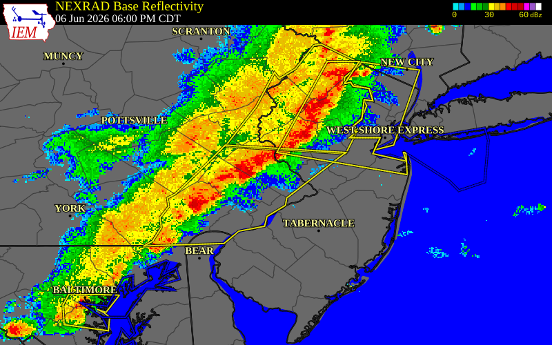 NEXRAD radar during the Saturday, June 6, 2026 storm activity in Bucks County, Pennsylvania
