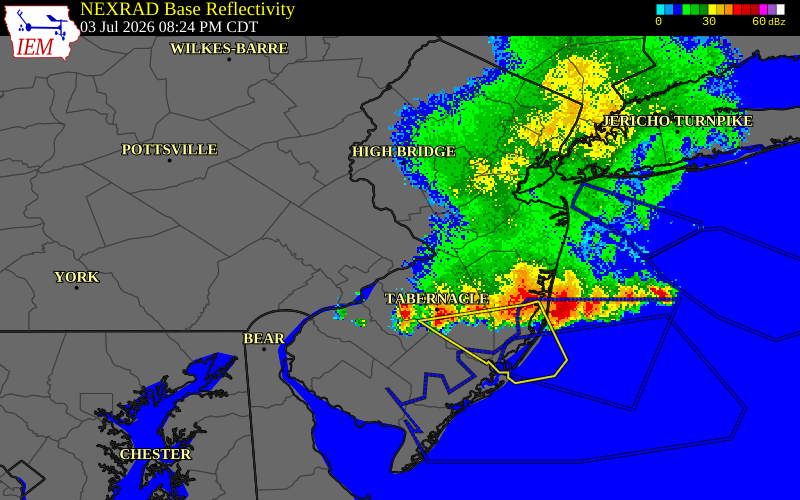 NEXRAD radar during the Friday, July 3, 2026 storm activity in Bucks County, Pennsylvania