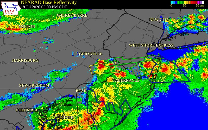 NEXRAD radar during the Saturday, July 18, 2026 storm activity in Bucks County, Pennsylvania