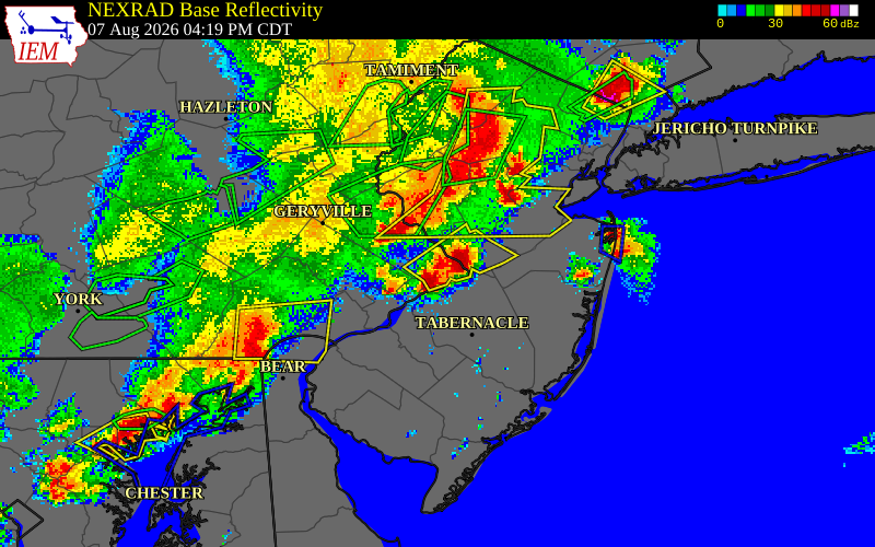 NEXRAD radar during the Friday, August 7, 2026 storm activity in Bucks County, Pennsylvania