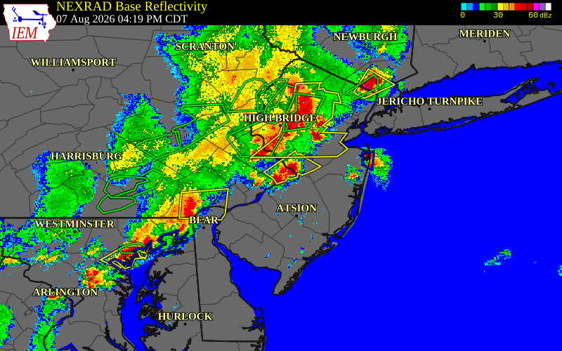 Radar snapshot during the Aug 7, 2026 wind event near Levittown, Bucks County, Pennsylvania, with NWS warning polygons