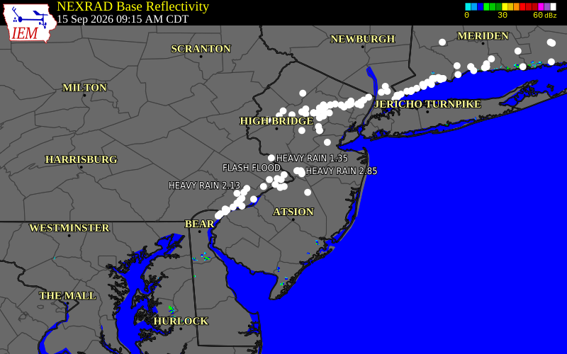 Current NEXRAD radar over Bucks County, Pennsylvania with recent storm report locations