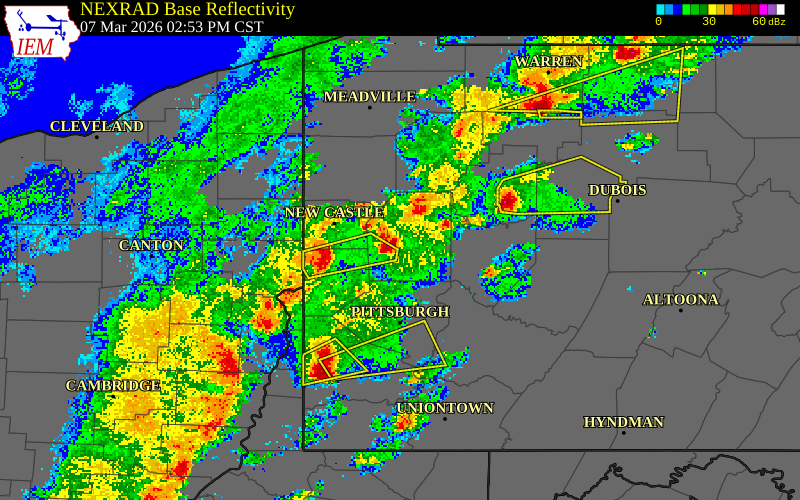 NEXRAD radar during the Saturday, March 7, 2026 storm activity in Butler County, Pennsylvania