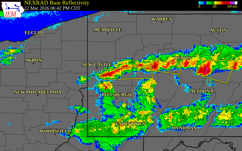 NEXRAD radar during the Sunday, March 22, 2026 storm activity in Butler County, Pennsylvania