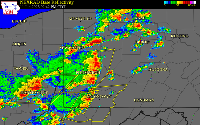 NEXRAD radar during the Thursday, June 11, 2026 storm activity in Butler County, Pennsylvania