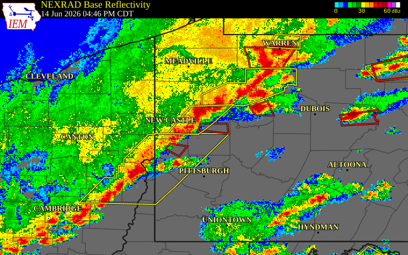 NEXRAD radar during the Sunday, June 14, 2026 storm activity in Butler County, Pennsylvania