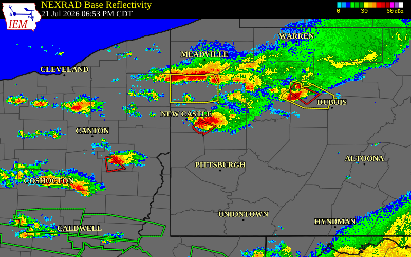NEXRAD radar during the Tuesday, July 21, 2026 storm activity in Butler County, Pennsylvania