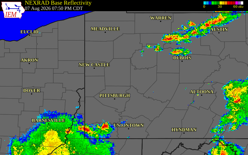 NEXRAD radar during the Friday, August 7, 2026 storm activity in Butler County, Pennsylvania