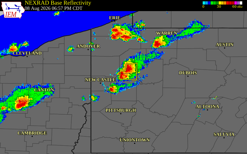 NEXRAD radar during the Saturday, August 8, 2026 storm activity in Butler County, Pennsylvania