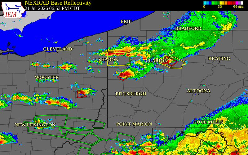Radar snapshot during the Jul 21, 2026 tornado event near 2 SSE Portersville, Butler County, Pennsylvania, with NWS warning polygons