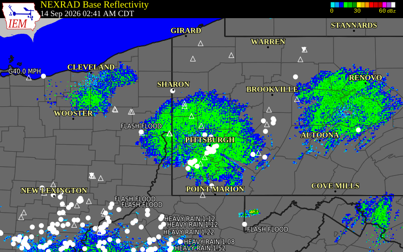 Current NEXRAD radar over Butler County, Pennsylvania with recent storm report locations